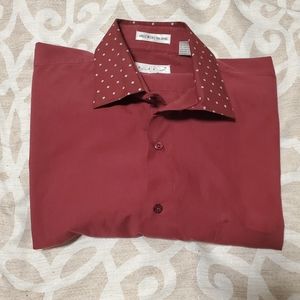 Maroon shirt w/ gray polka dots